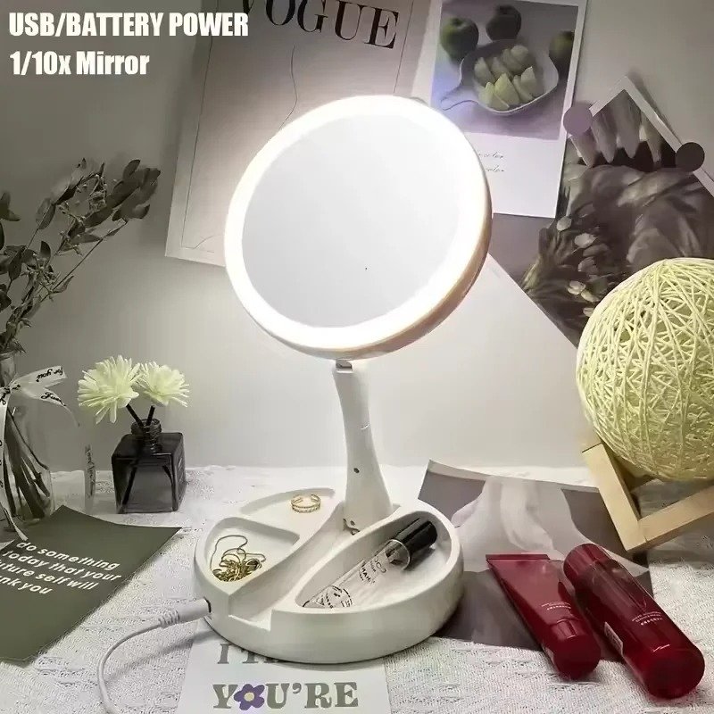 LED vanity makeup mirror on desk