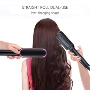 woman using hair straightening brush