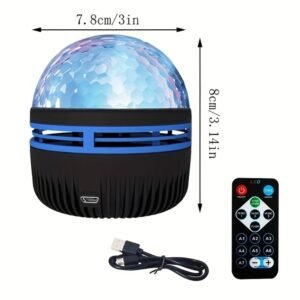 Galaxy projector dimensions with 7.8 cm width and 8 cm height shown with USB cable and remote control.