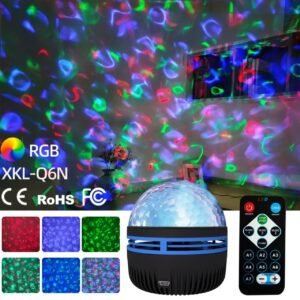 Galaxy projector with RGB aurora patterns and remote control displayed on colorful background.